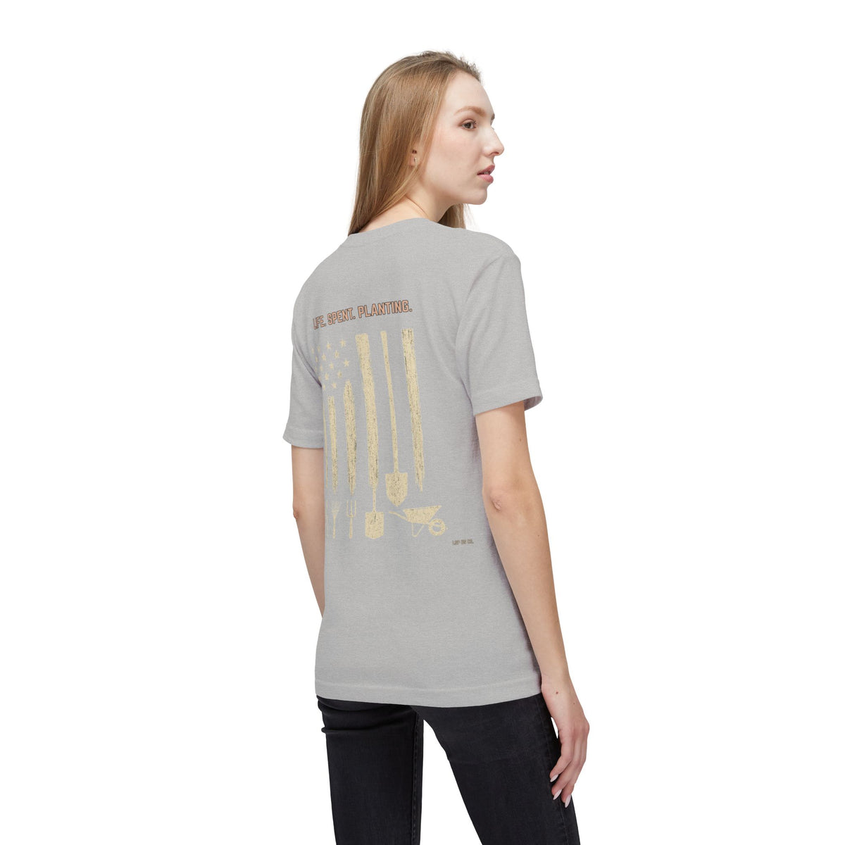 Distressed Gardening Tools Flag T-Shirt – "Life. Spent. Planting." USA-Made