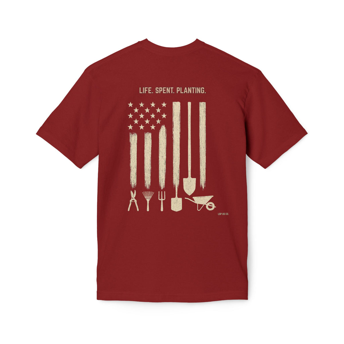 Distressed Gardening Tools Flag T-Shirt – "Life. Spent. Planting." USA-Made