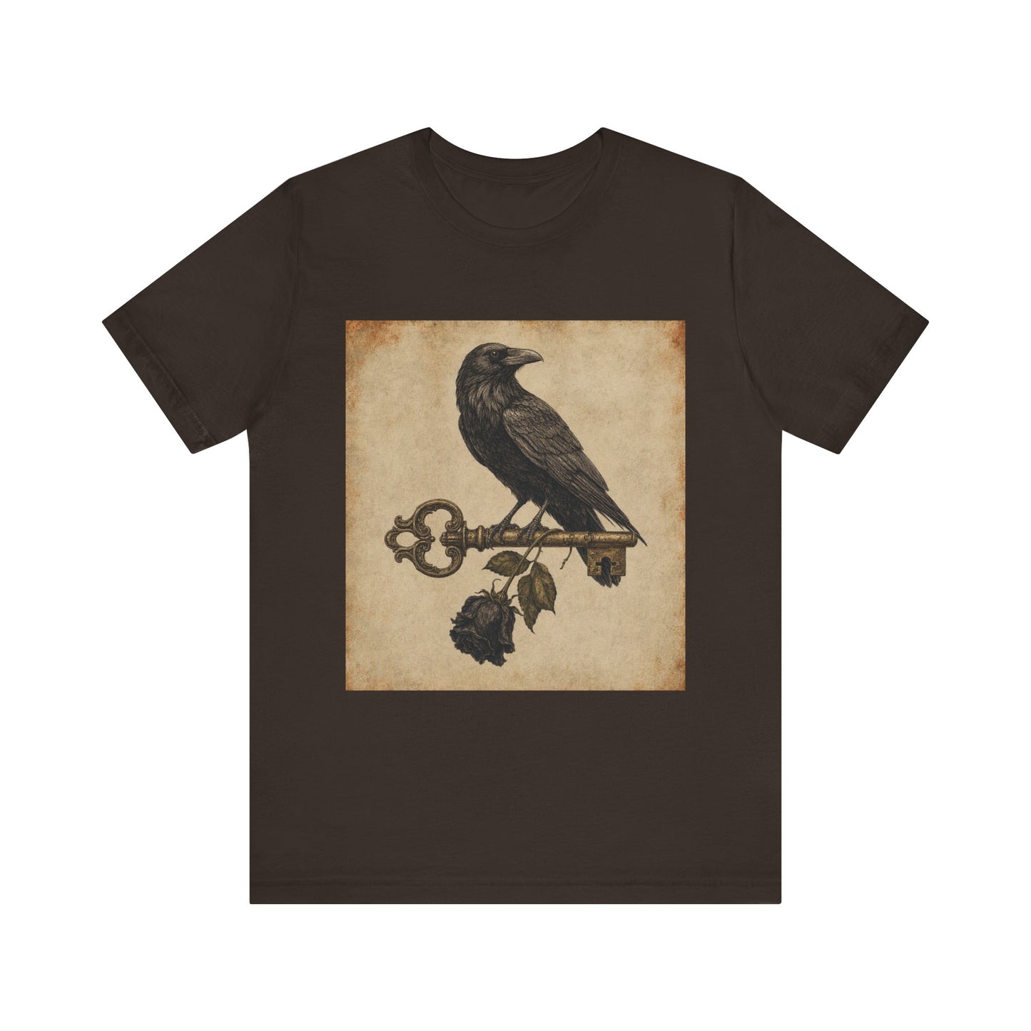 Raven on Vintage Key With Black Rose T‑Shirt — Gothic Crow Vintage-Style Tee