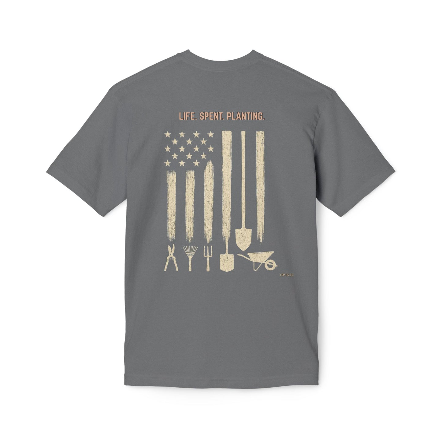 Distressed Gardening Tools Flag T-Shirt – "Life. Spent. Planting." USA-Made