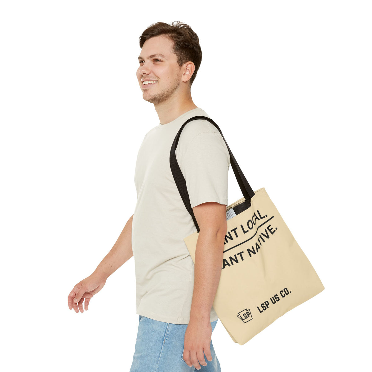 LSP US CO Tote Bag — "Plant Local. Plant Native." Eco-Friendly Canvas Tote with Tree Ring Nature Graphic