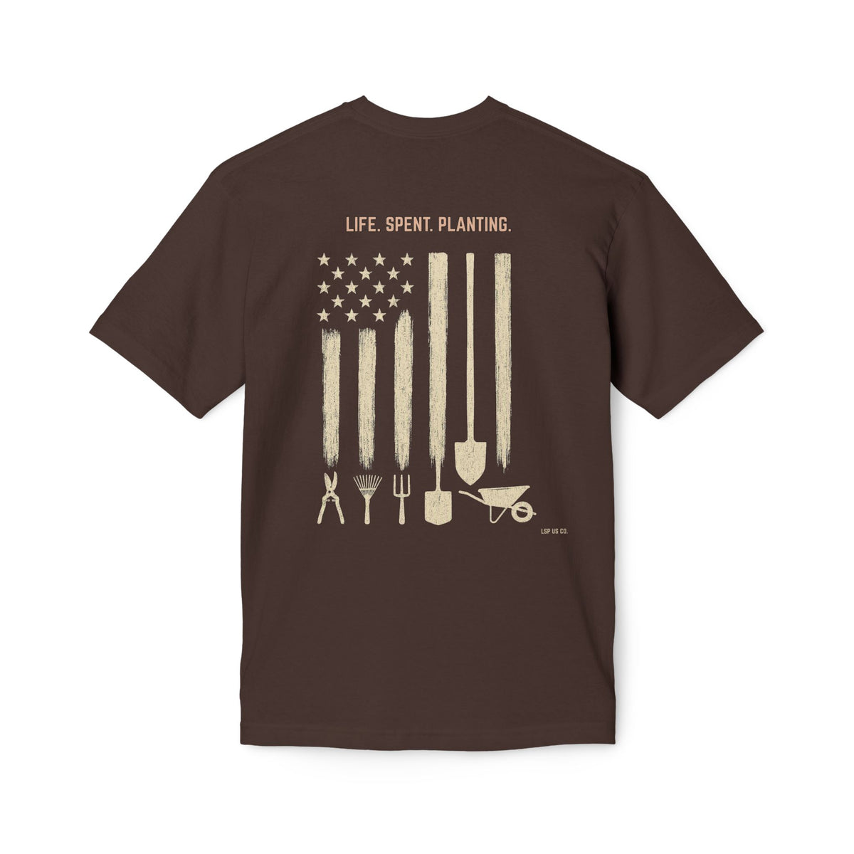 Distressed Gardening Tools Flag T-Shirt – "Life. Spent. Planting." USA-Made