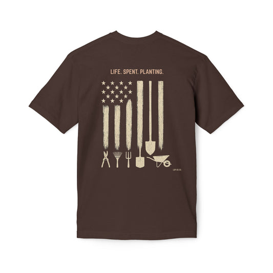 Distressed Gardening Tools Flag T-Shirt – "Life. Spent. Planting." USA-Made