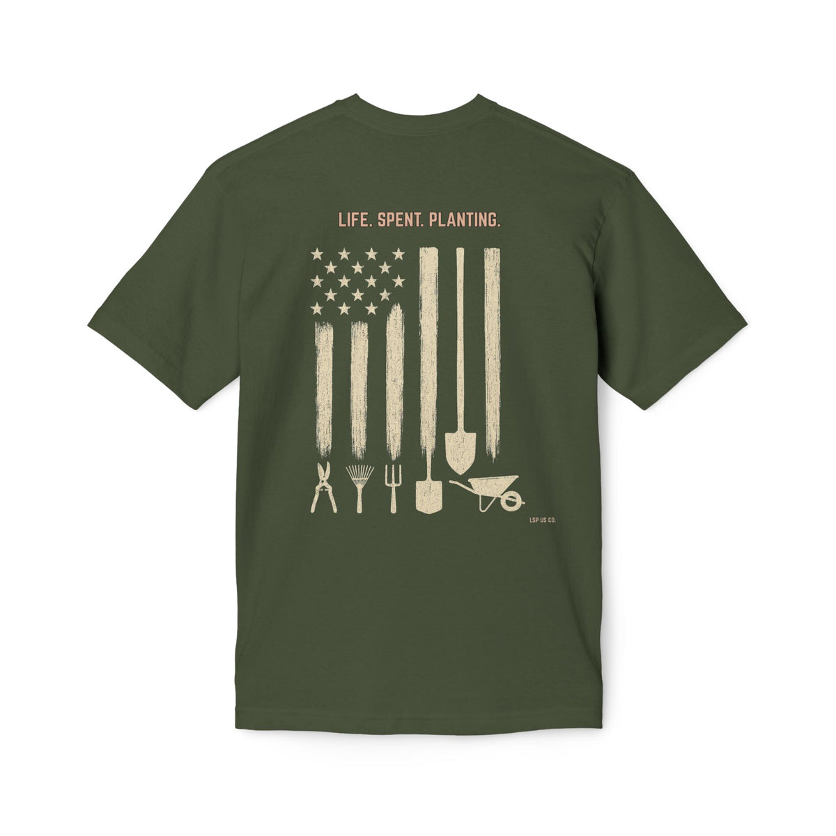 Distressed Gardening Tools Flag T-Shirt – "Life. Spent. Planting." USA-Made
