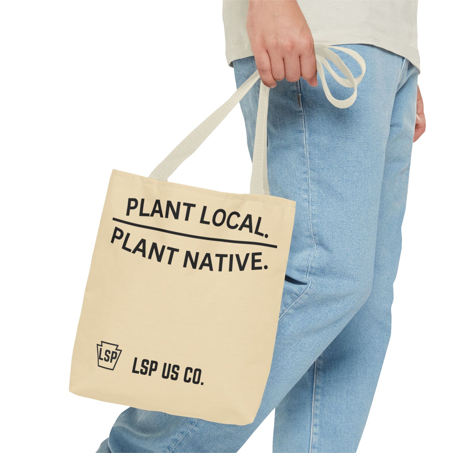 LSP US CO Tote Bag — "Plant Local. Plant Native." Eco-Friendly Canvas Tote with Tree Ring Nature Graphic