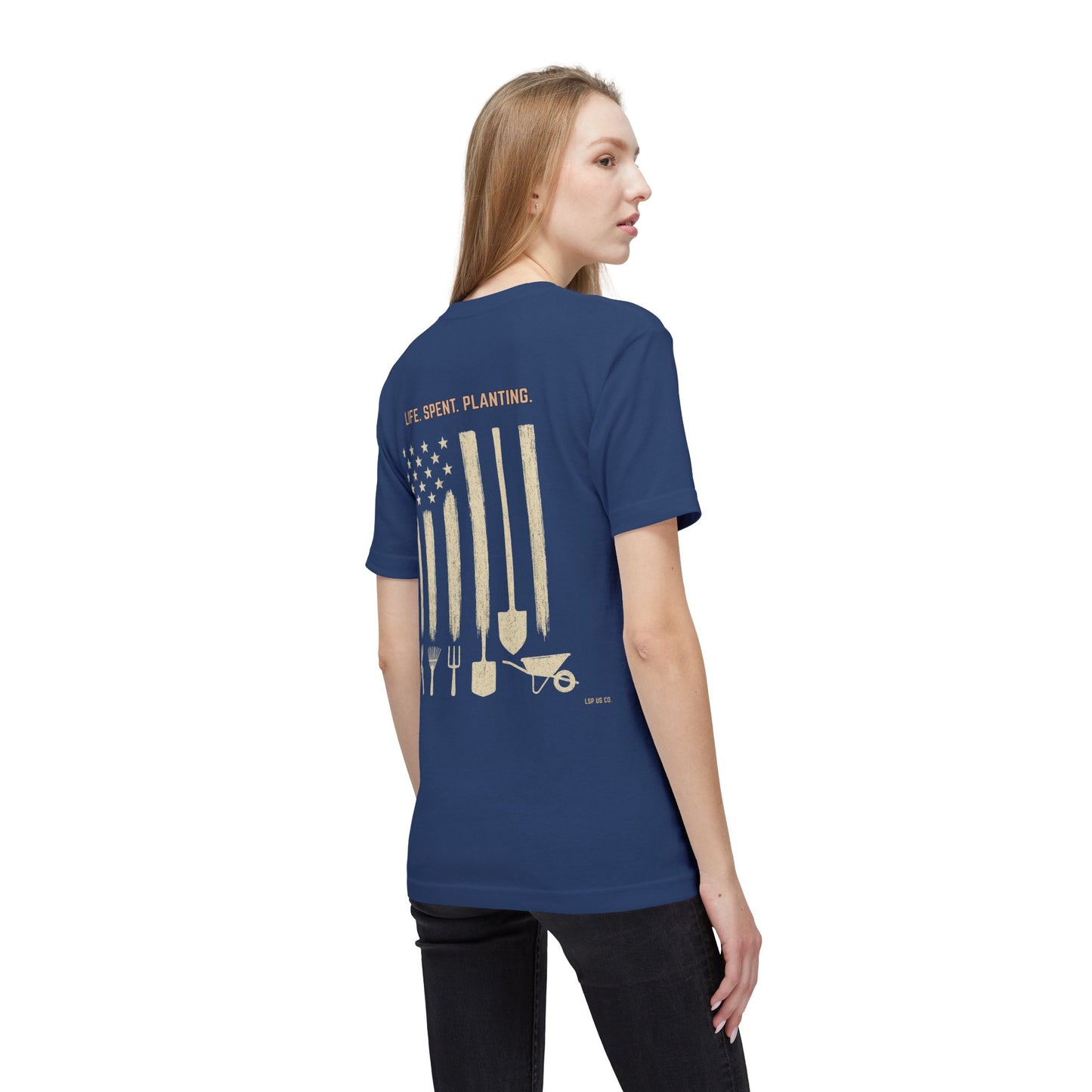 Distressed Gardening Tools Flag T-Shirt – "Life. Spent. Planting." USA-Made