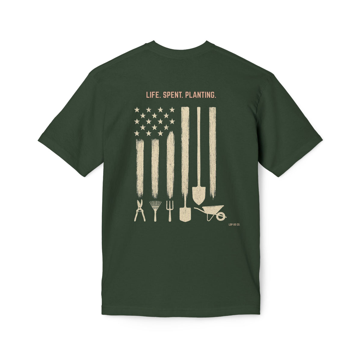 Distressed Gardening Tools Flag T-Shirt – "Life. Spent. Planting." USA-Made