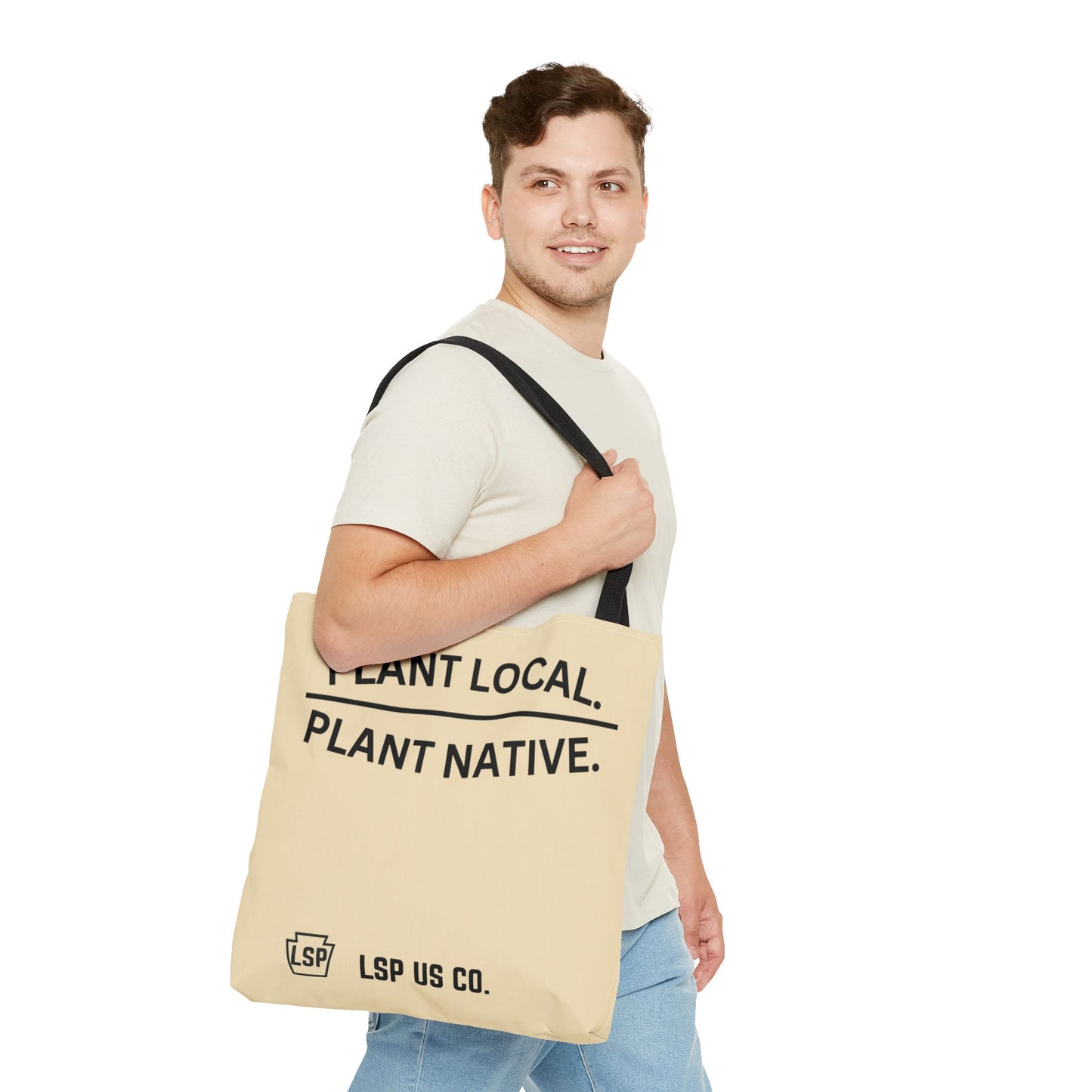 LSP US CO Tote Bag — "Plant Local. Plant Native." Eco-Friendly Canvas Tote with Tree Ring Nature Graphic