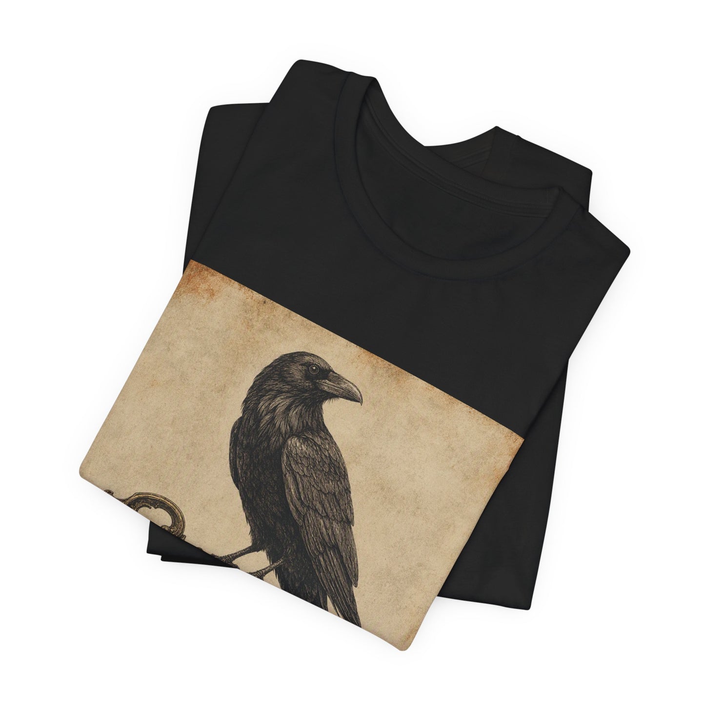 Raven on Vintage Key With Black Rose T‑Shirt — Gothic Crow Vintage-Style Tee